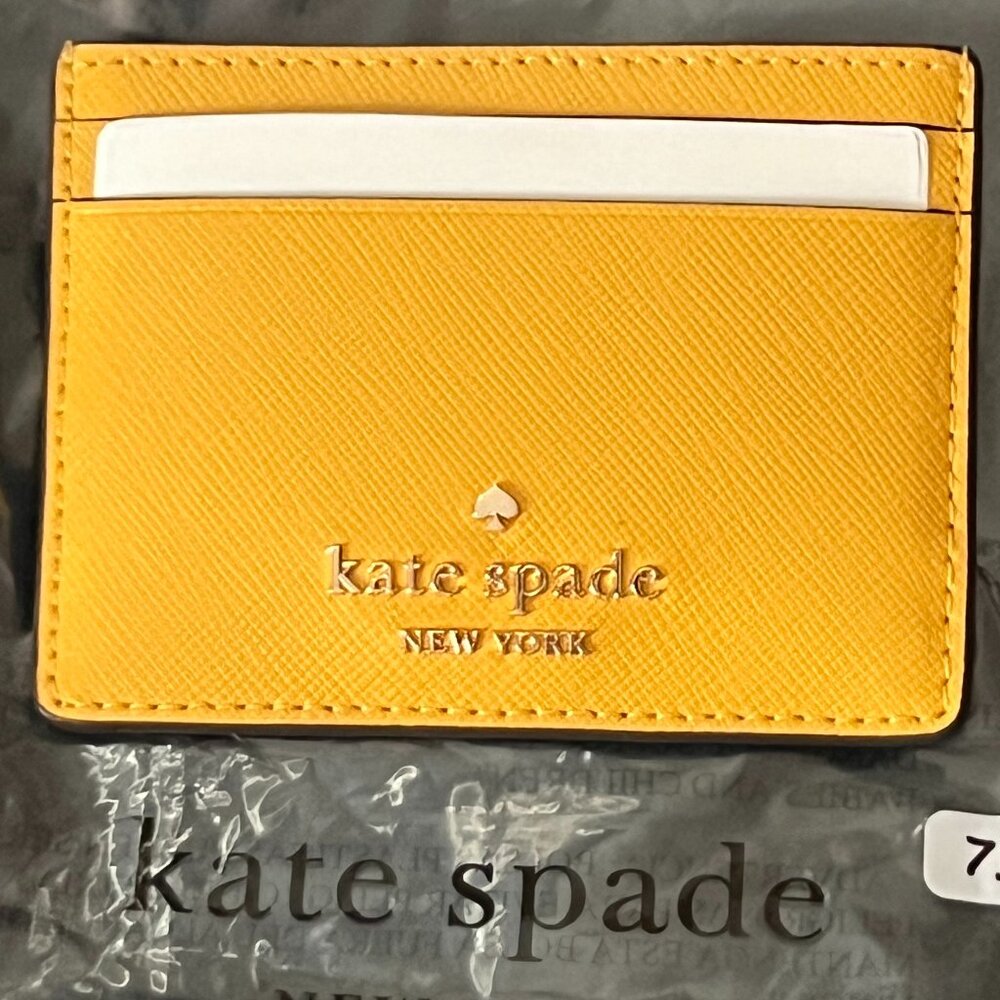KATE SPADE Madison Yellow Daffodil Saffiano Leather Gold Card Case Wallet NWT